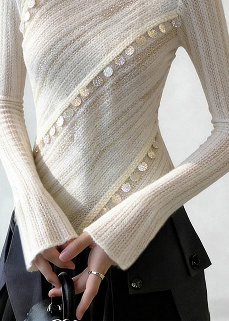 White Asymmetrical Sequins Patchwork Thin Knit Top Spring