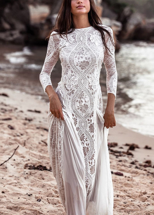White Backless Hollow Out Lace Maxi Dresses Spring