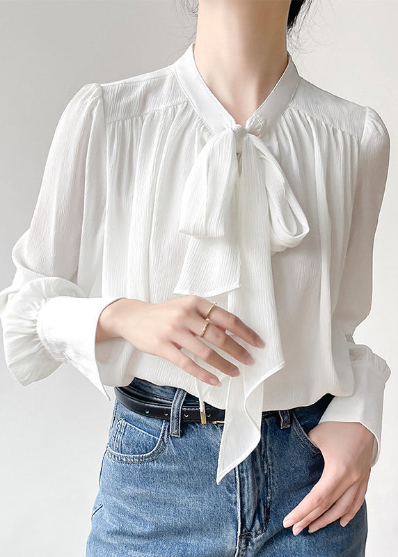 White Bow Draping Chiffon Tops Spring