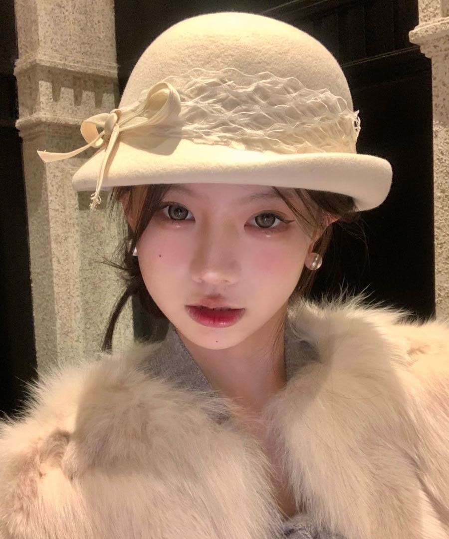 White Bow Lace Woolen Bucket Hat