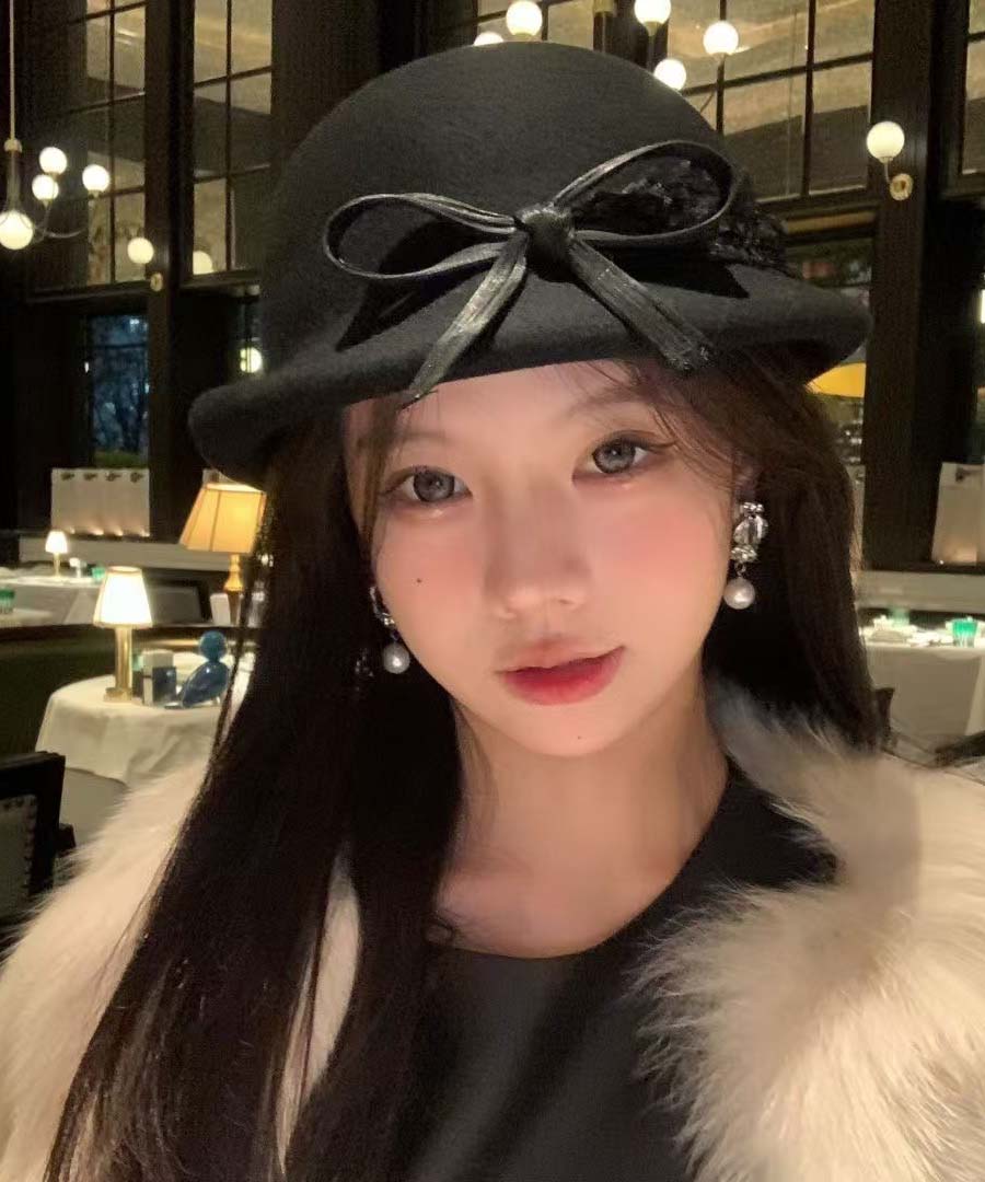 White Bow Lace Woolen Bucket Hat