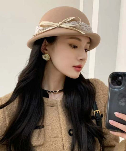 White Bow Lace Woolen Bucket Hat