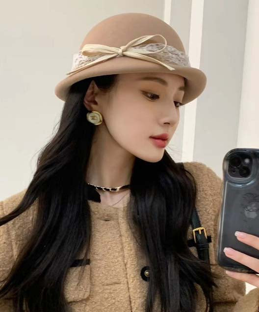 White Bow Lace Woolen Bucket Hat