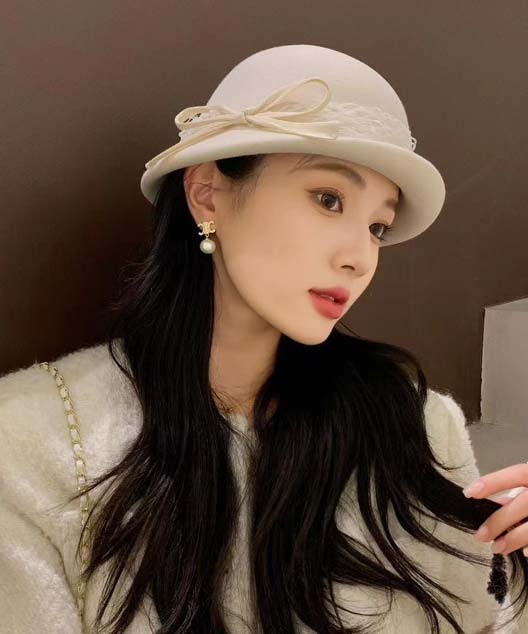 White Bow Lace Woolen Bucket Hat