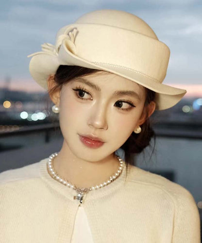 White Bow Nail Bead Woolen Bucket Hat