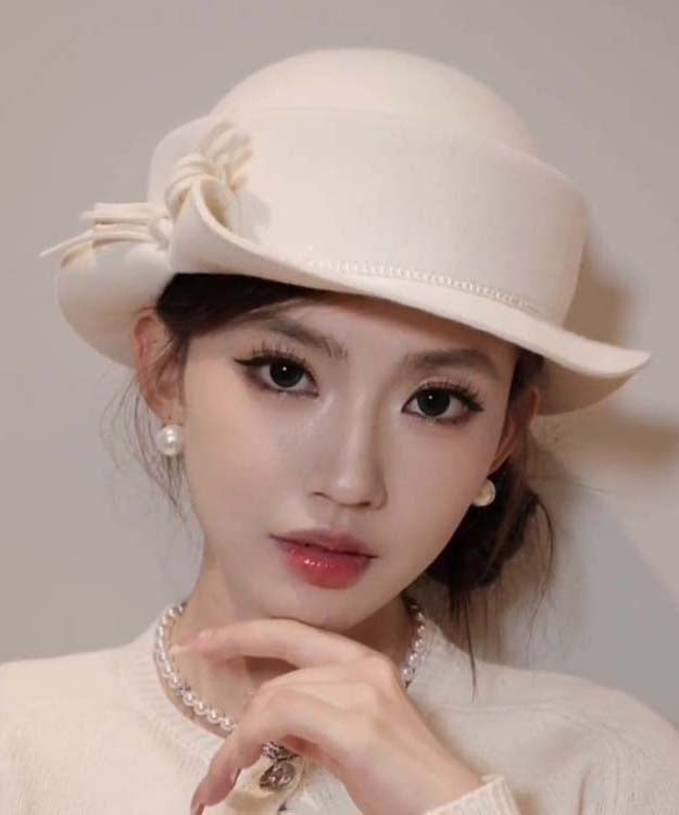 White Bow Nail Bead Woolen Bucket Hat