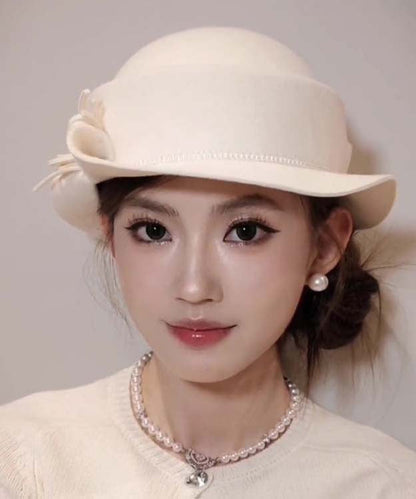 White Bow Nail Bead Woolen Bucket Hat