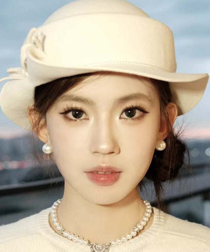 White Bow Nail Bead Woolen Bucket Hat