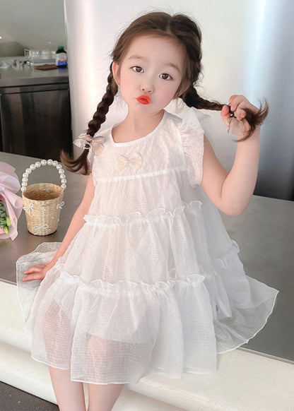 White Bow Tulle Kids a Line Mid Dresses Summer
