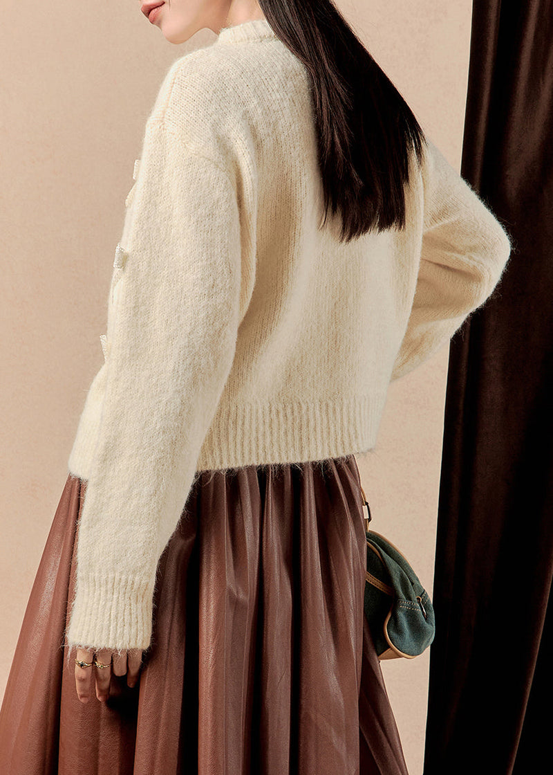 White Button Bow Patchwork Cotton Knit Sweaters Winter