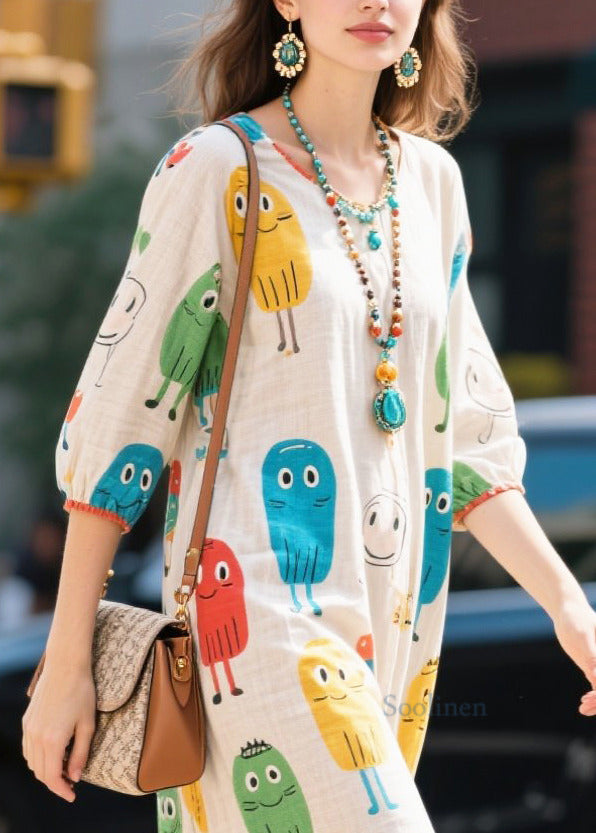 White Character Print Cotton Dress Half Sleeve
