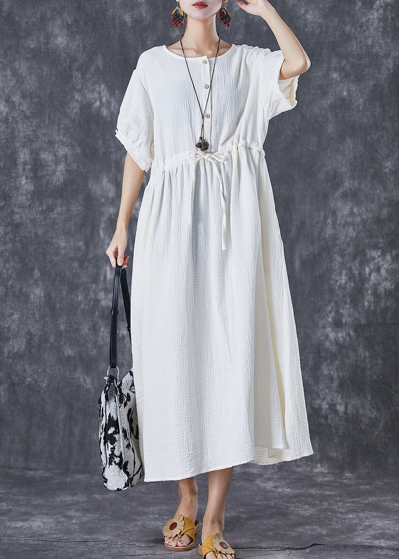 White Cinched Pockets Cotton Holiday Dress Summer