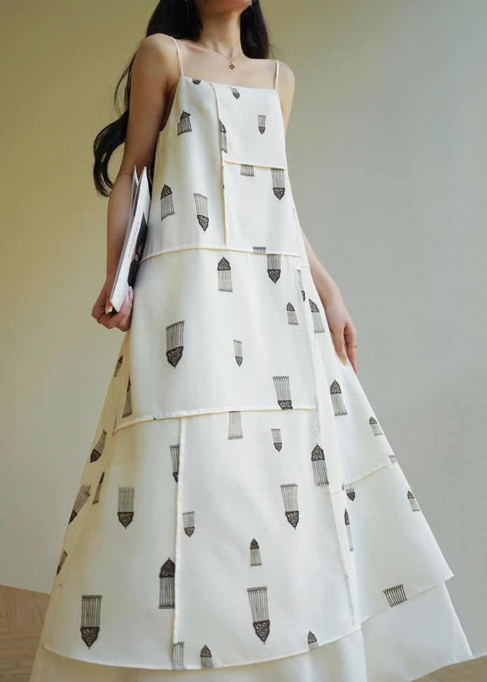 White Cold Shoulder Print Cotton Spaghetti Strap Dress Sleeveless