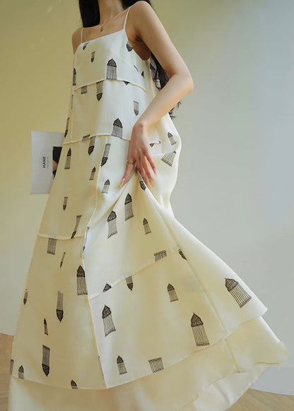 White Cold Shoulder Print Cotton Spaghetti Strap Dress Sleeveless