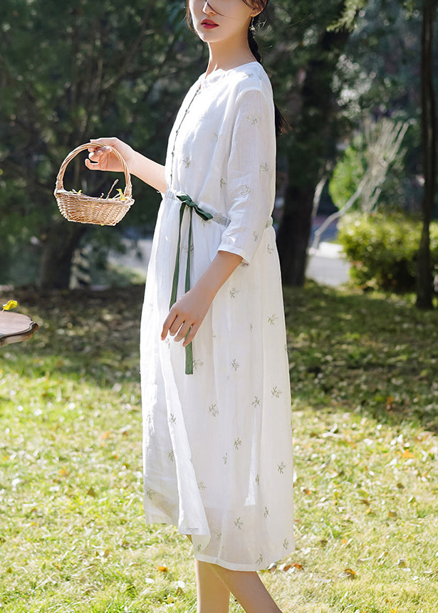 White Embroidered Button Linen Dress Spring