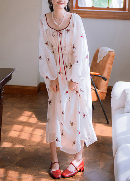 White Embroidered Elastic Waist Cotton Long Dresses Fall