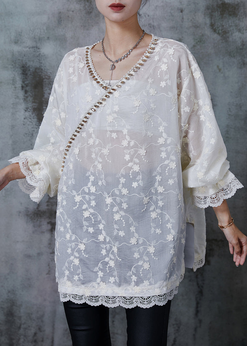 White Embroidered Zircon Cotton Shirt Tops Summer