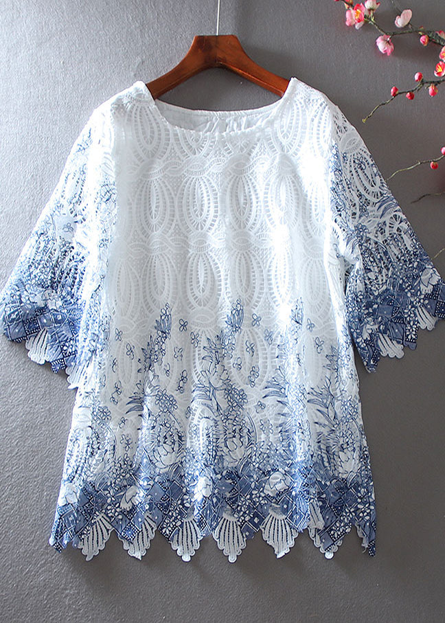 White Embroidered Hollow Out Lace Shirt Top Summer