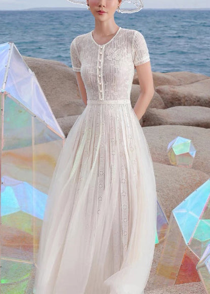 White Embroidered Hollow Out Tulle Long Dress Summer