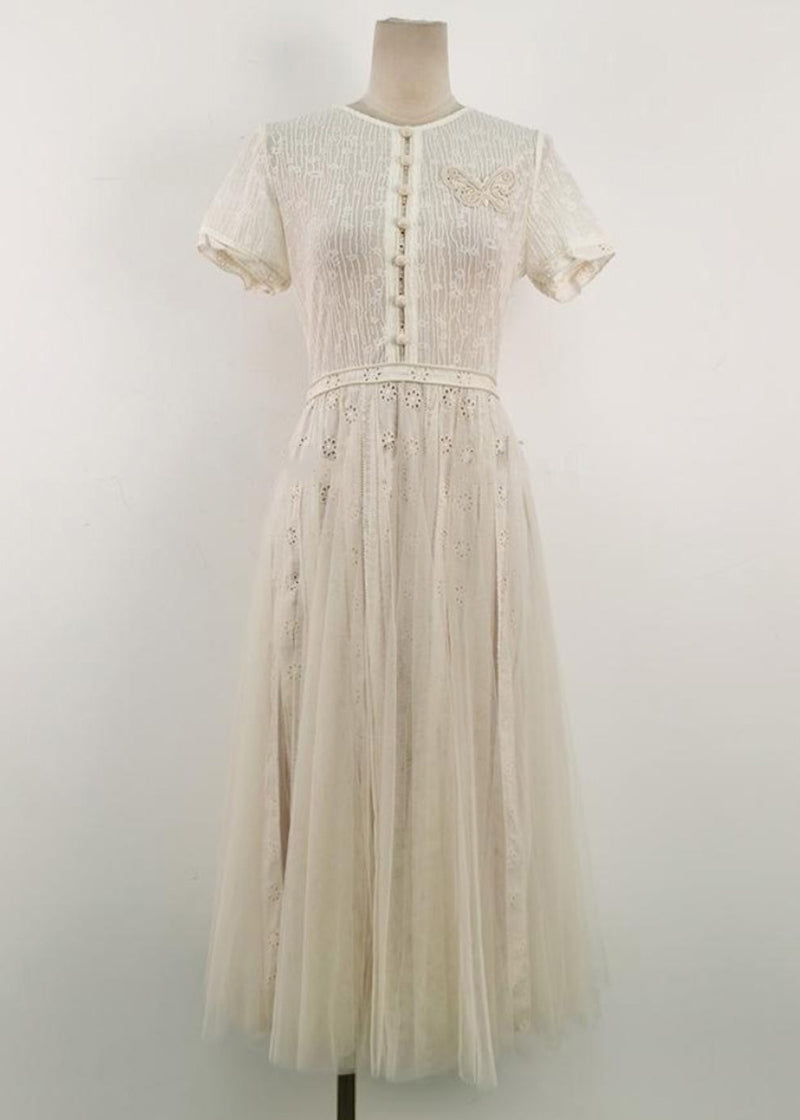 White Embroidered Hollow Out Tulle Long Dress Summer