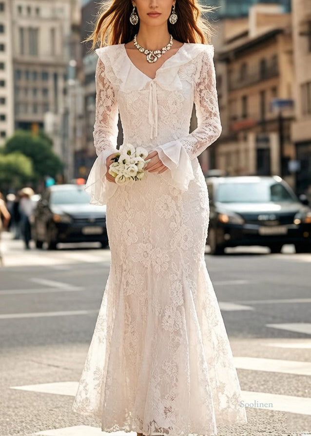 White Embroidered Lace Up Fish Tail Dress Flare Sleeve