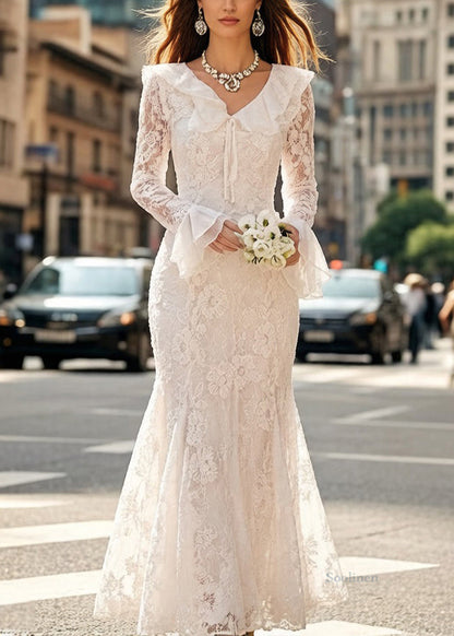 White Embroidered Lace Up Fish Tail Dress Flare Sleeve