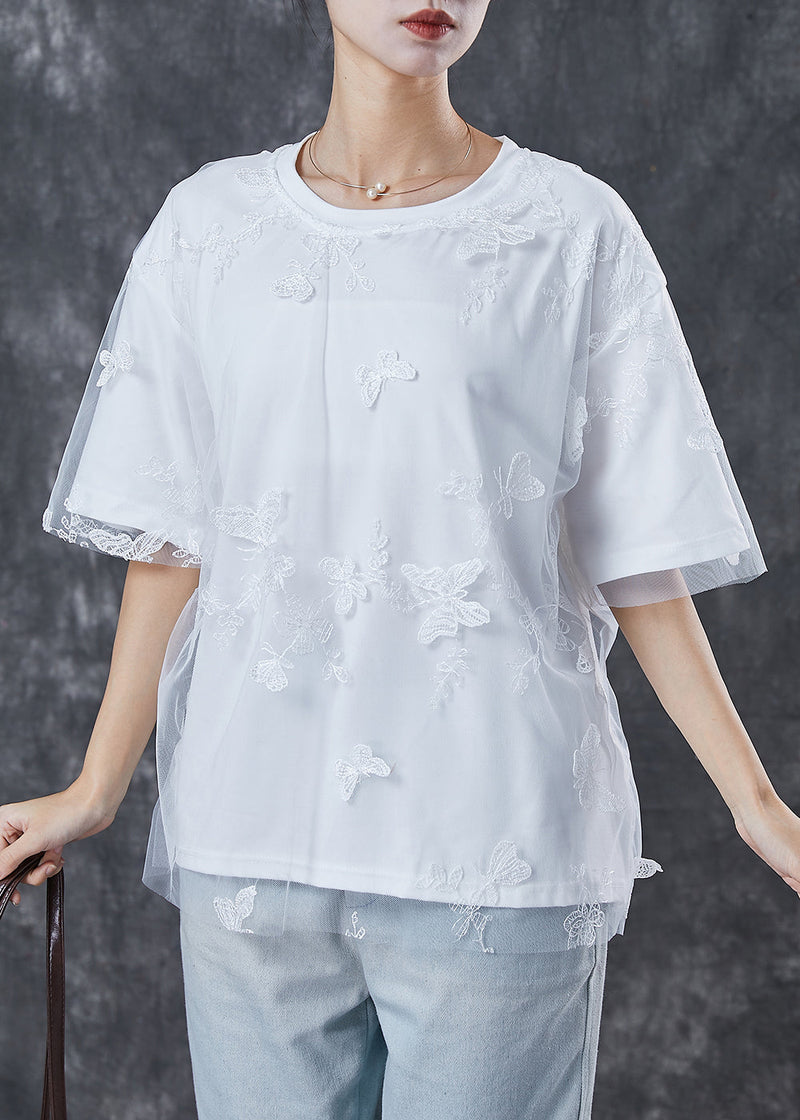 White Embroidered Butterfly Tulle Tanks Top Summer