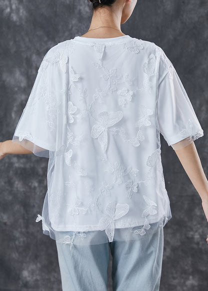 White Embroidered Butterfly Tulle Tanks Top Summer
