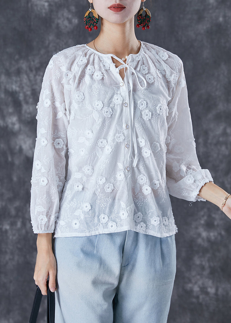 White Embroidered Lace Up Cotton Tops Fall
