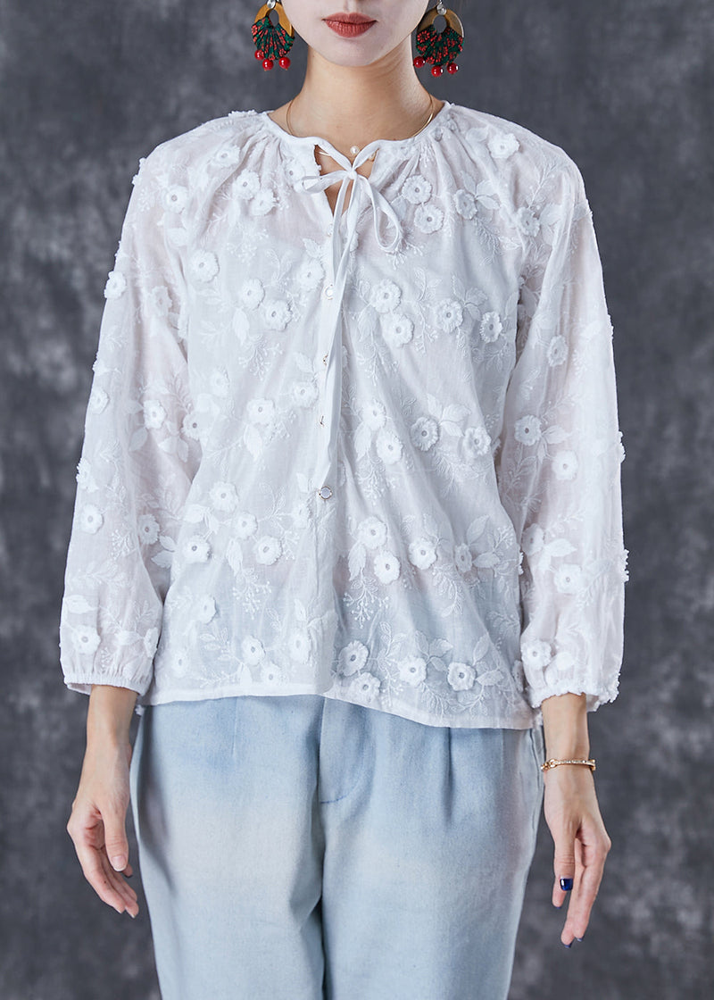 White Embroidered Lace Up Cotton Tops Fall