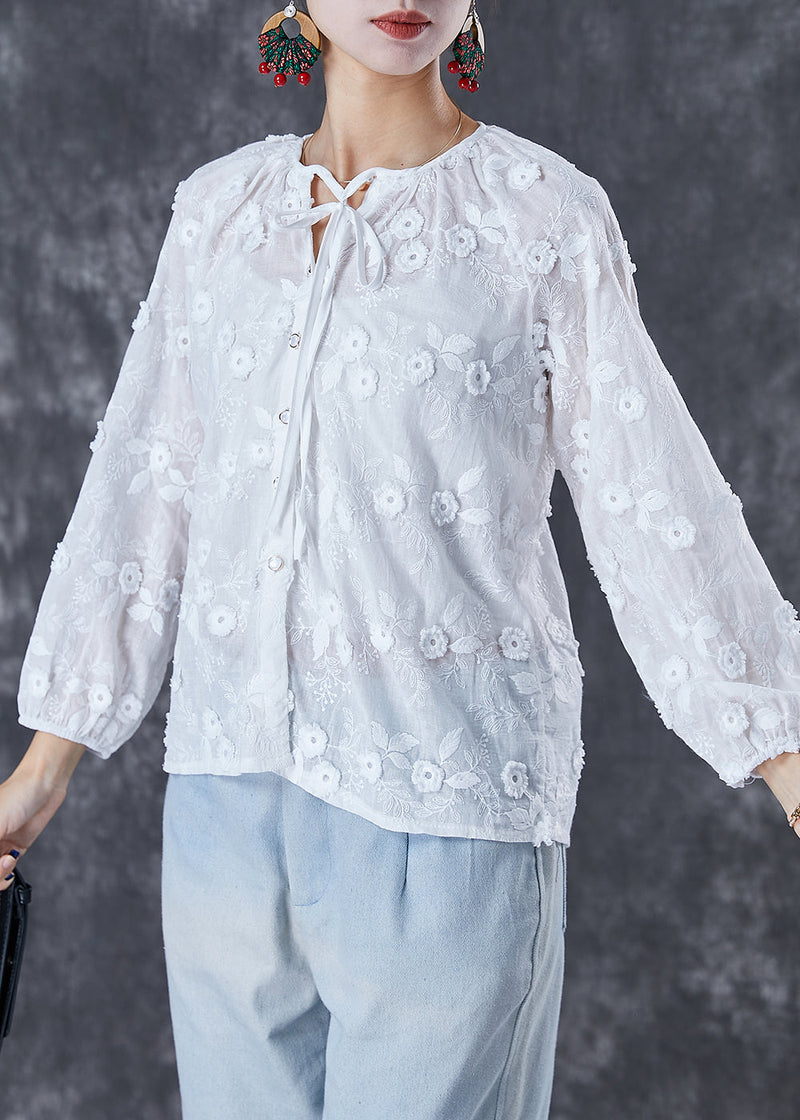 White Embroidered Lace Up Cotton Tops Fall
