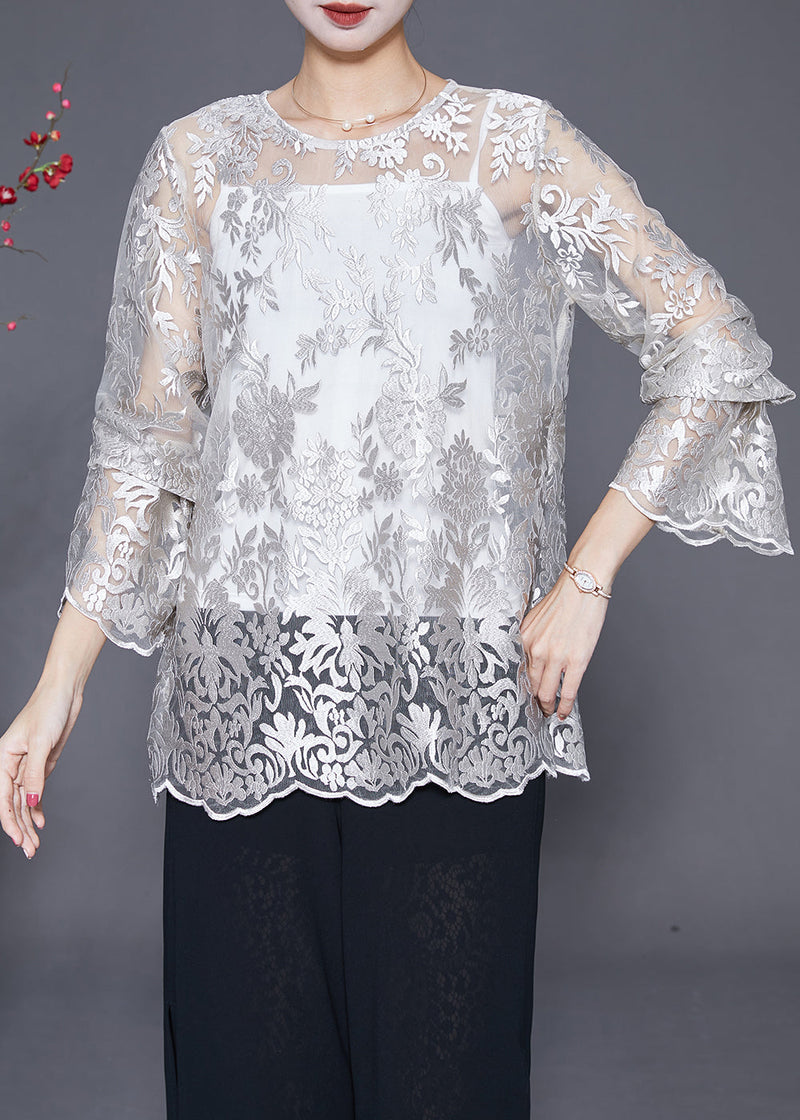 White Embroideried Hollow Out Lace Top Fall