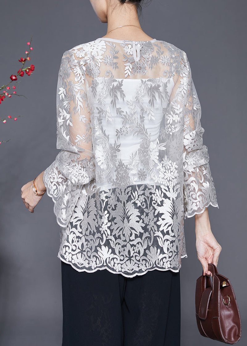 White Embroideried Hollow Out Lace Top Fall