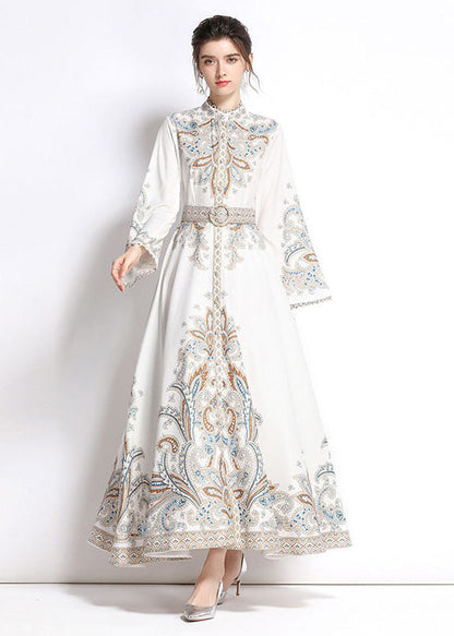 White Embroideried Patchwork Cotton Exra Large Hem Long Dresses Flare Sleeve