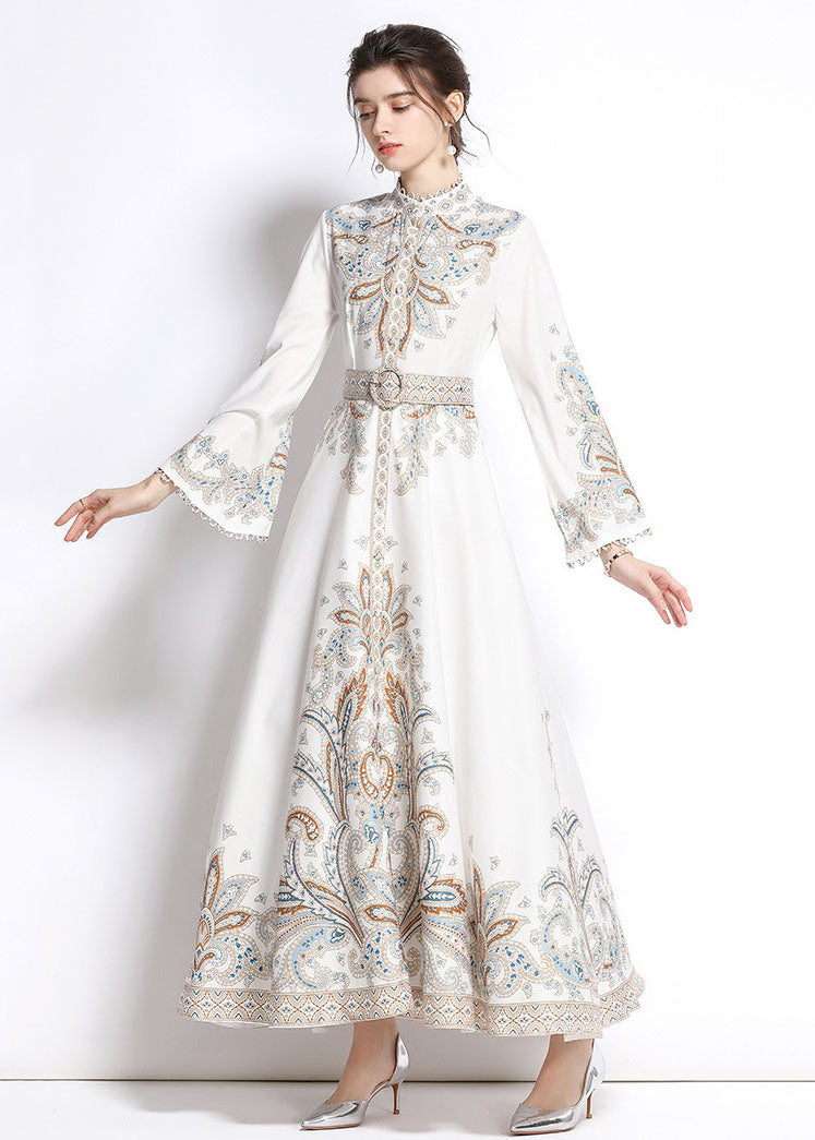 White Embroideried Patchwork Cotton Exra Large Hem Long Dresses Flare Sleeve