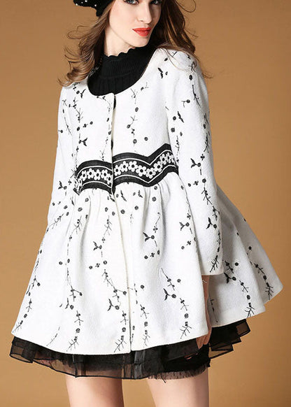 White Embroideried Patchwork Print Fall Woolen Coats
