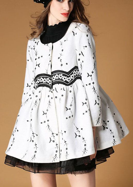 White Embroideried Patchwork Print Fall Woolen Coats