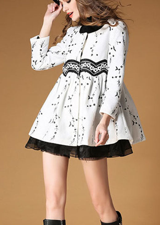 White Embroideried Patchwork Print Fall Woolen Coats
