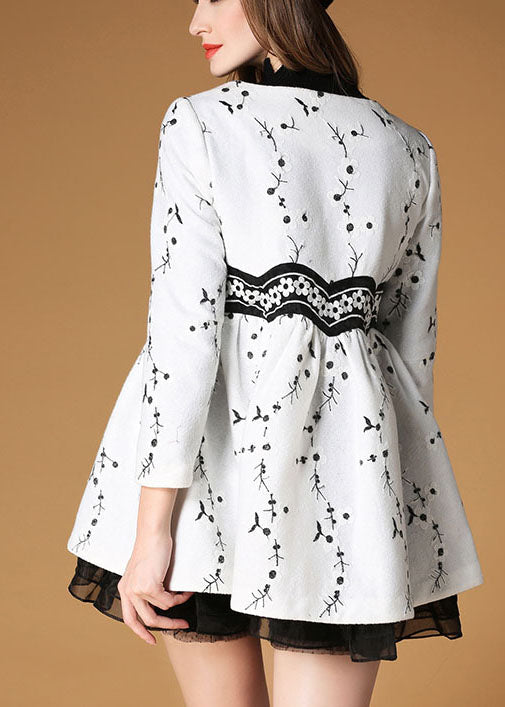 White Embroideried Patchwork Print Fall Woolen Coats