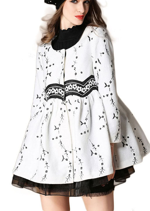 White Embroideried Patchwork Print Fall Woolen Coats