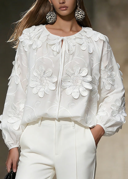 Elegant White Floral Tie Lace Tops Spring