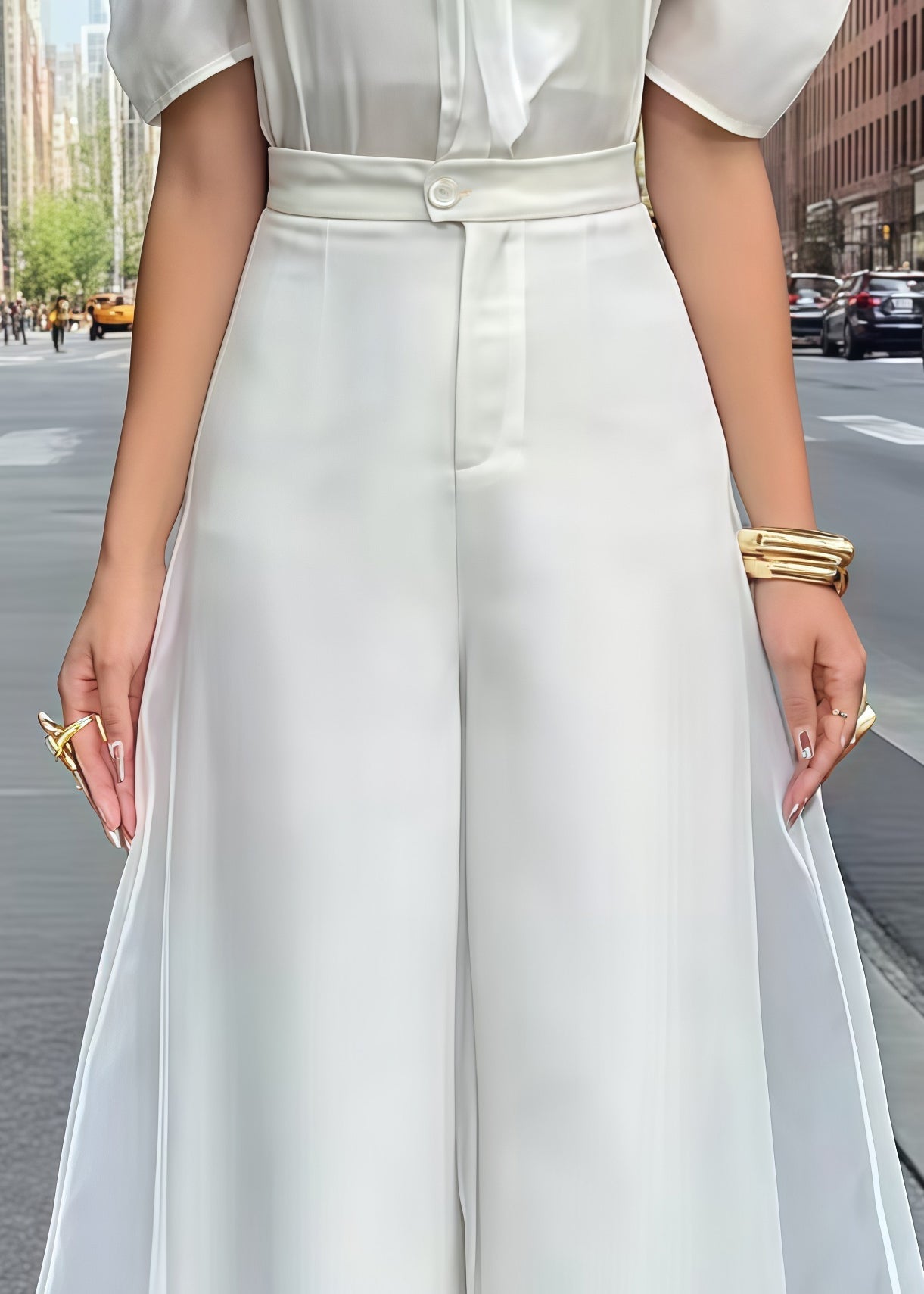 White High Waist Organza Wide Led Pants Skirts Summer