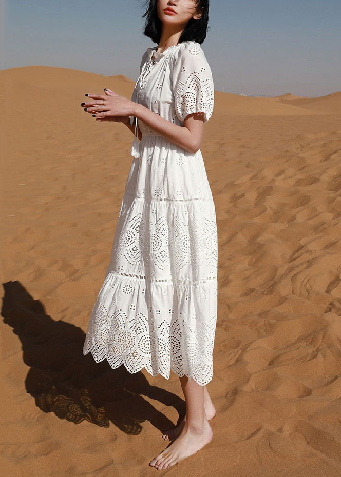 White Hollow Out Lace Up Cotton Long Dress Summer