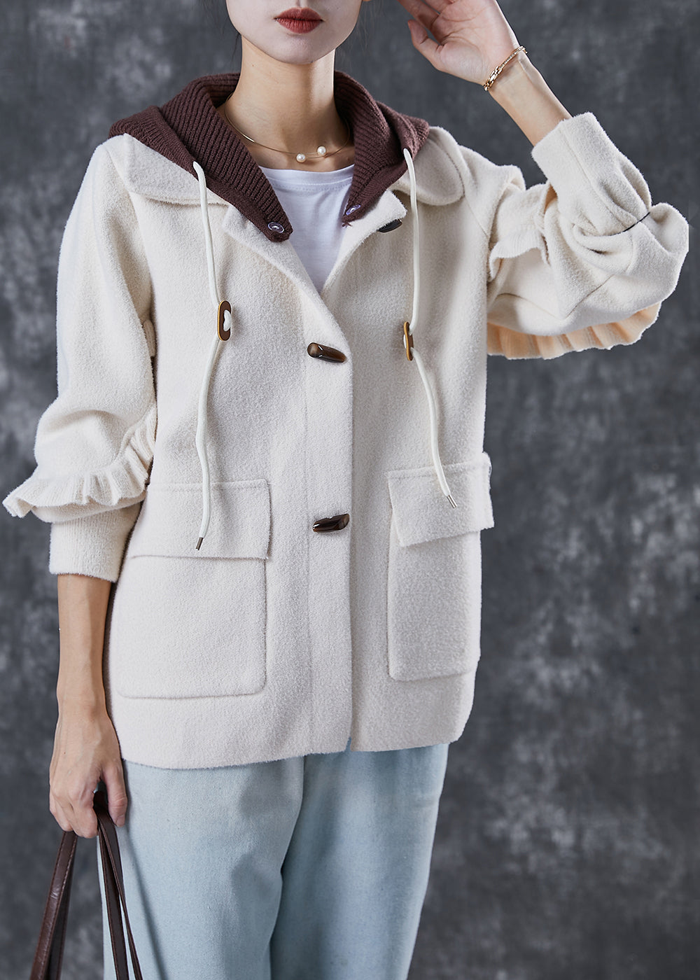 White Hooded Patchwork Ruffled Woolen Coats Spring