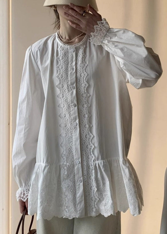 White Lace Button Cotton Shirt Fall