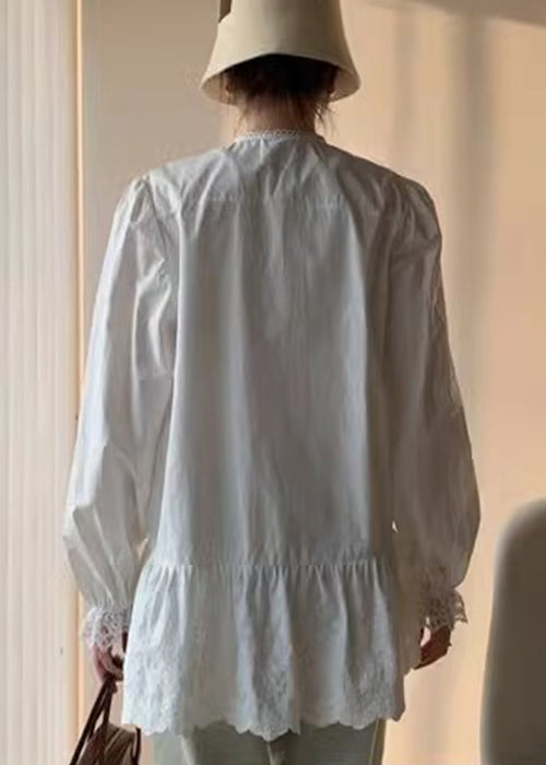 White Lace Button Cotton Shirt Fall