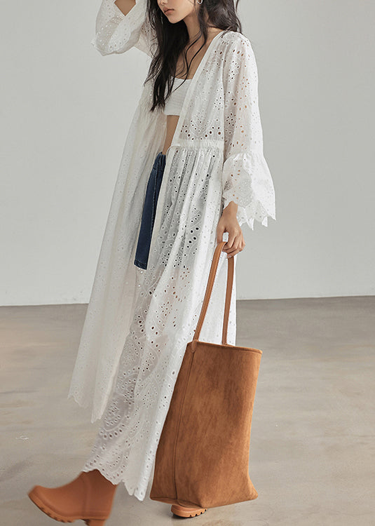 White Lace Up Hollow Out Cotton Dresses Flare Sleeve