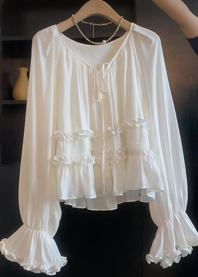 White Lace Up Ruffled Cotton Shirt Top Flare Sleeve