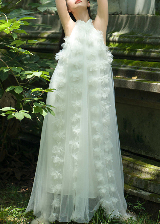 White Lace Up Tulle Maxi Dresses Summer