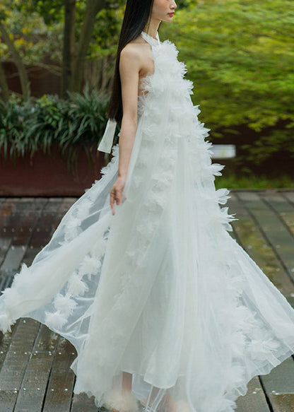 White Lace Up Tulle Maxi Dresses Summer